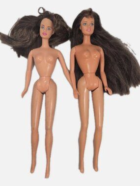 LOT 2 Barbie Dolls Brunette Brown Hair 1966 Body 1990 Head Bangs Mattel Toy